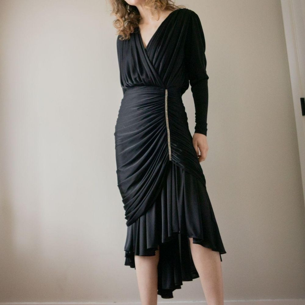 Vintage Black 80s Cocktail Evening Draped Women's Dress with Rhinestone details